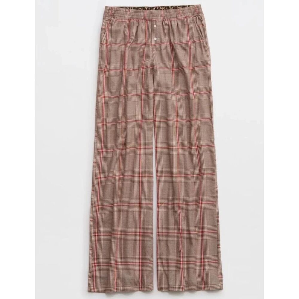 Aerie Off-Duty Plaid Flannel Pajama Pants Wide Leg in Cake Batter
